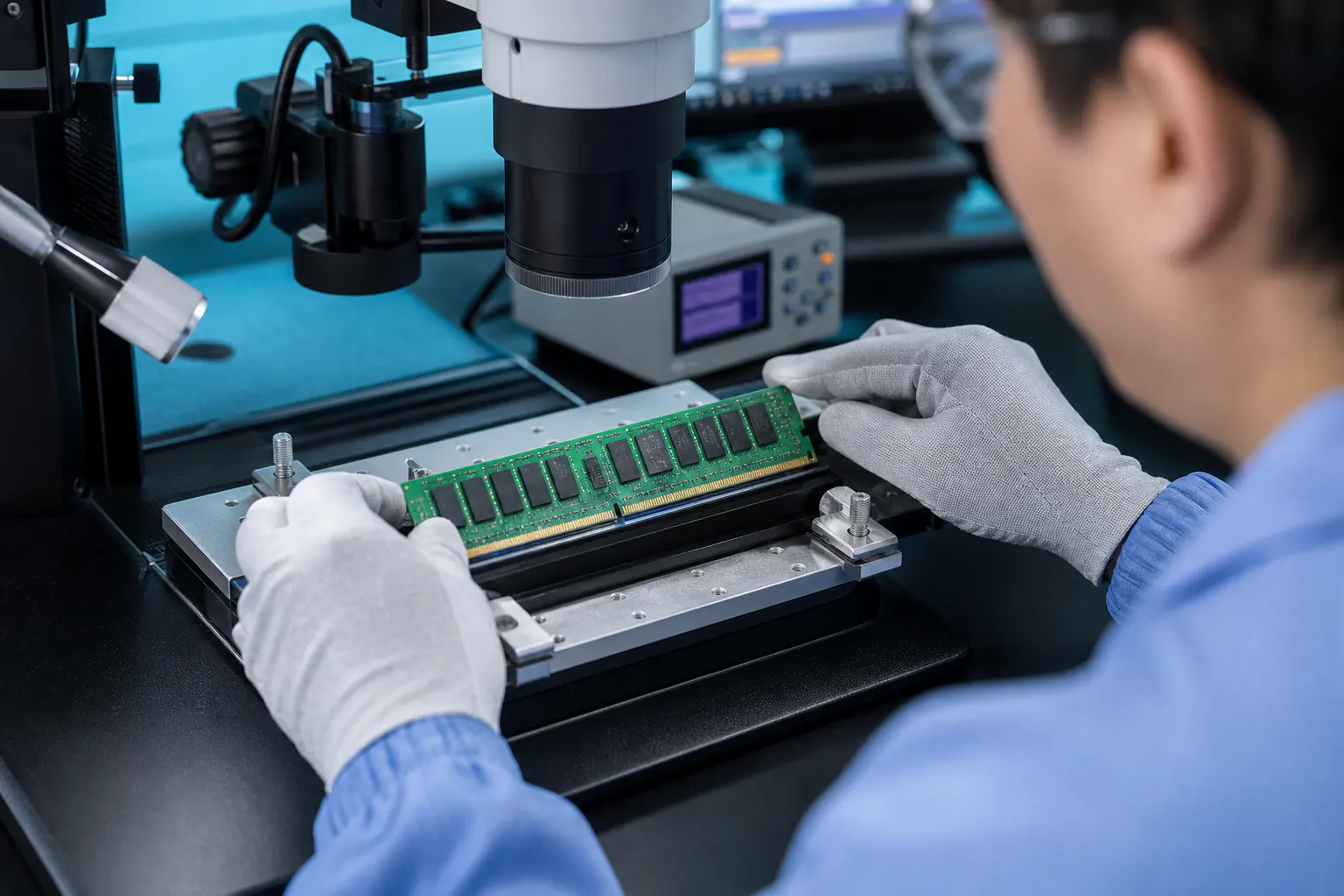Technician inspecting a server memory module in an ESD-safe quality laboratory