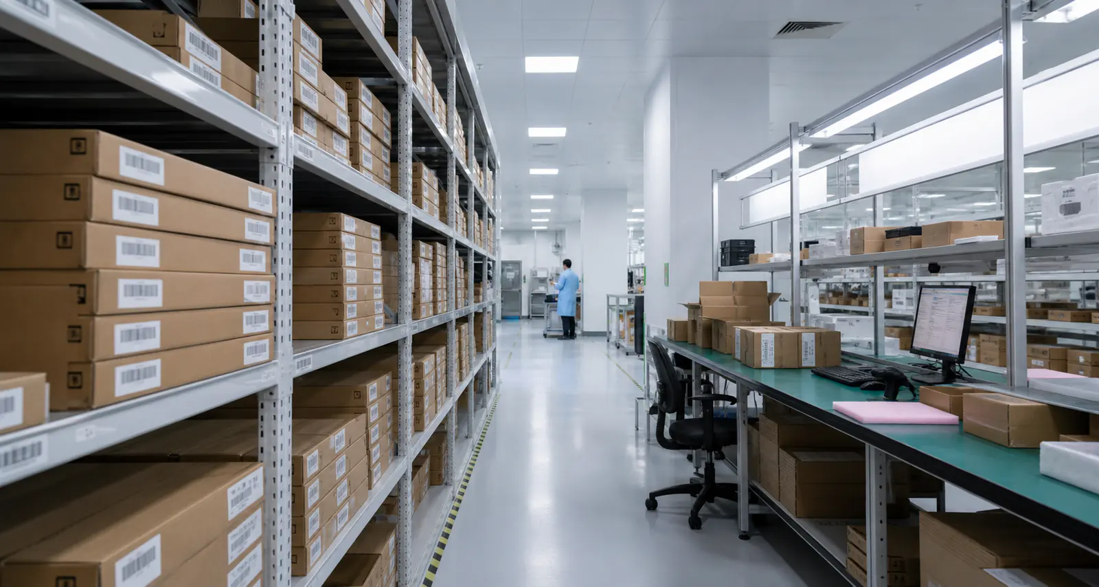 Representative clean electronics component warehouse and ESD packing facility